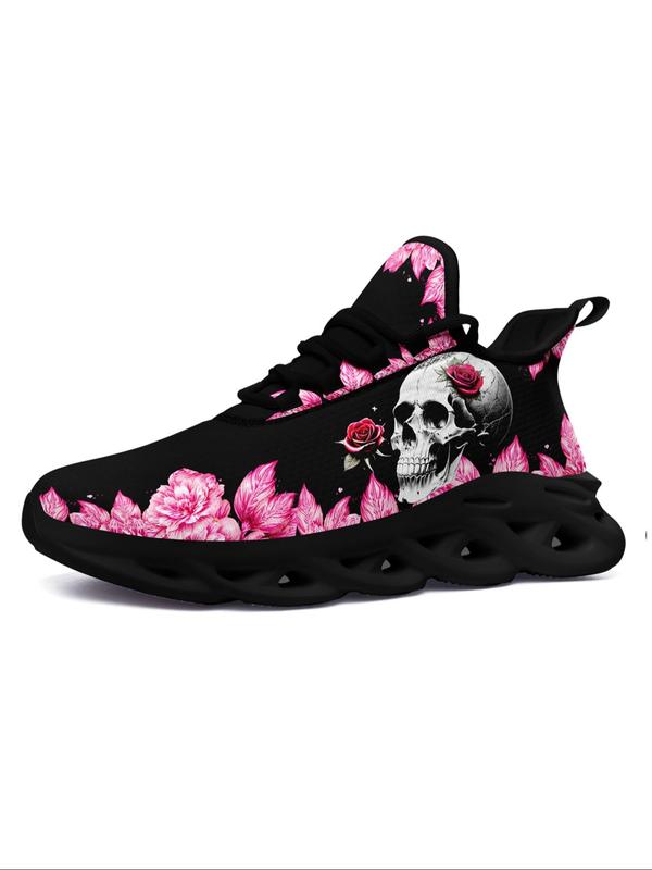 Floral Skull Print Lace Up Mesh Sneakers for Trainer, Casual Sporty Running Shoes for Women, Ventilate Hollow Out 2024 Fall Shoes Soles Athletic Walking Shoes for Women, Fall Outfits, Fall Freshness