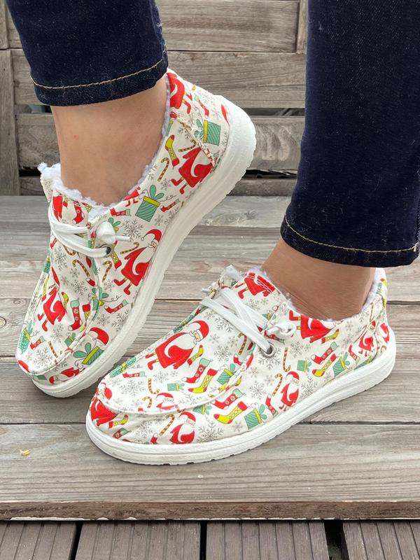 Women's Christmas Print Lace Up Front Plush Lining Sneakers, Casual Comfortable Breathable Sports Shoes, Female All-match Round Toe Shoes for Fall & Winter