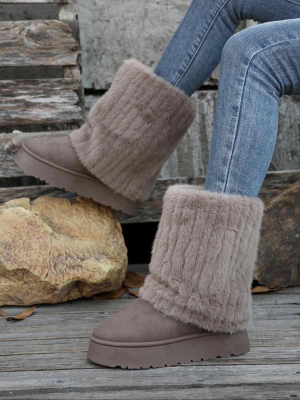 Women's Solid Color Fluffy Snow Boots, Fashionable Warm & Cozy Boots for Fall & Winter, Non-slip Thick Sole Boots for Women & Girls