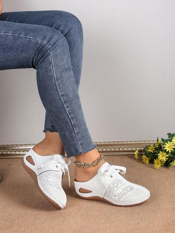 Women's Minimalist Solid Color Hollow Out Design Mule Wedge Shoes, Fashionable Round Toe Lace Up Design Mule Wedges for Summer, Lightweight Breathable Comfortable Shoes for Daily Wear