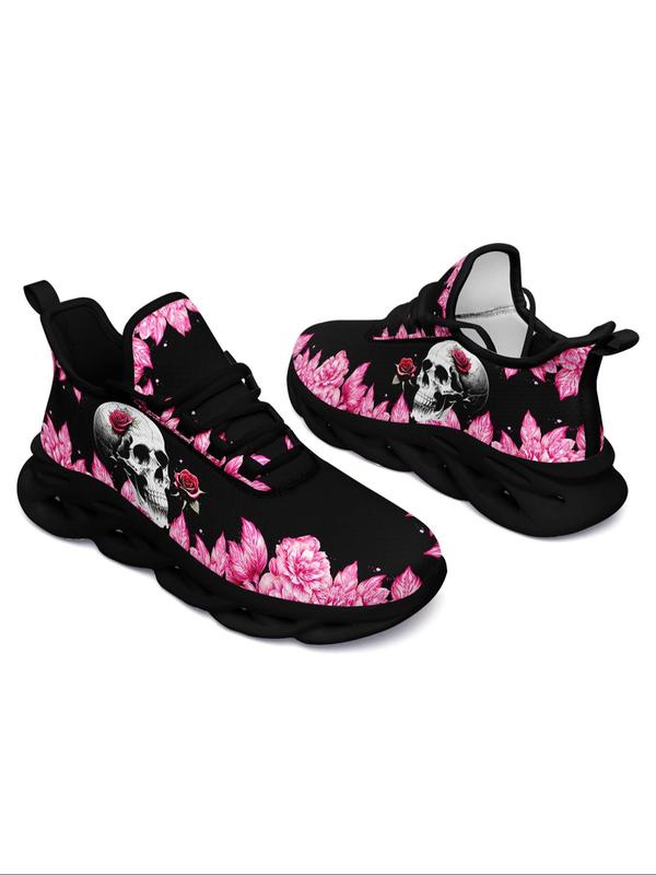 Floral Skull Print Lace Up Mesh Sneakers for Trainer, Casual Sporty Running Shoes for Women, Ventilate Hollow Out 2024 Fall Shoes Soles Athletic Walking Shoes for Women, Fall Outfits, Fall Freshness