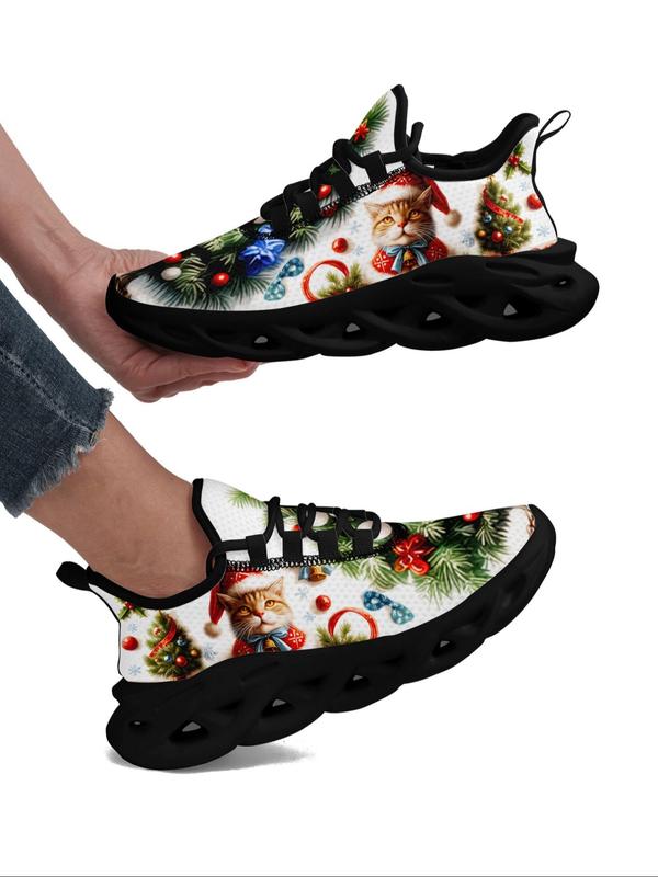 Women's Christmas Themed Lace Up Front Sock Sneakers, Casual Comfortable Breathable Sports Running Shoes, Female All-match Round Toe Shoes for Daily Wear