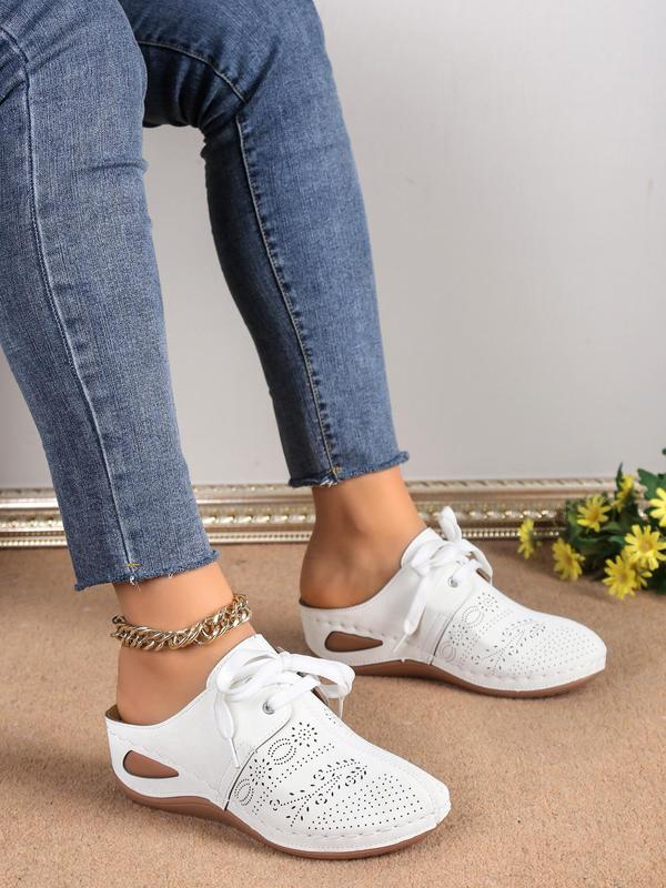 Women's Minimalist Solid Color Hollow Out Design Mule Wedge Shoes, Fashionable Round Toe Lace Up Design Mule Wedges for Summer, Lightweight Breathable Comfortable Shoes for Daily Wear