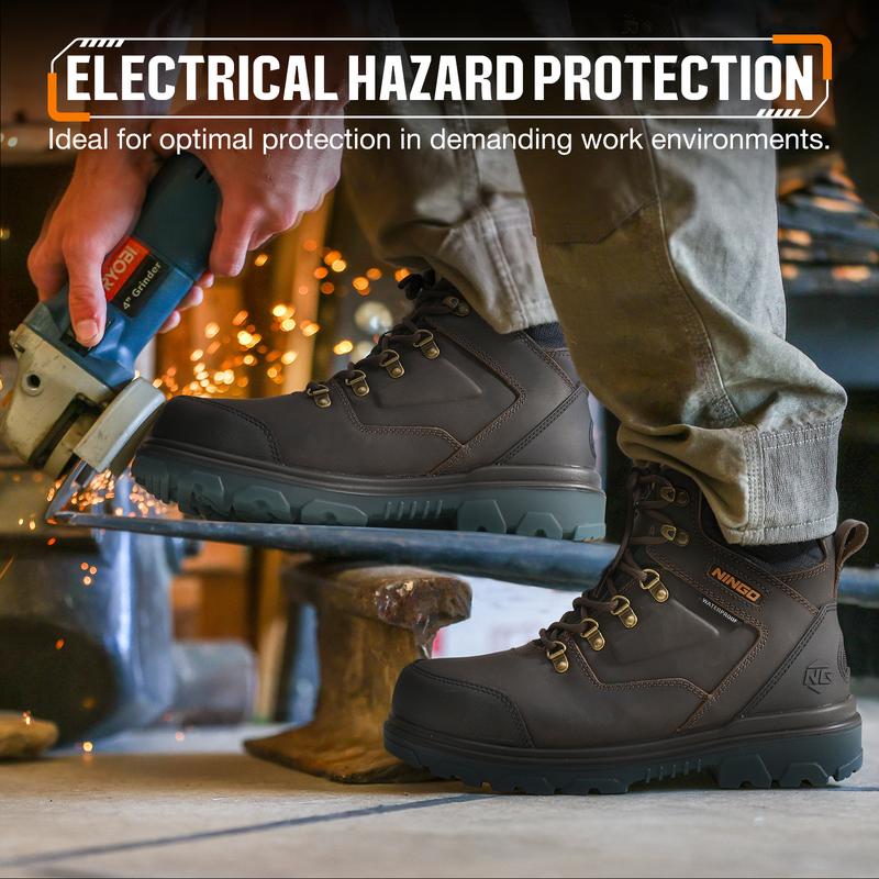 Mens Steel Toe Work Boots, Waterproof Heavy-Duty Safety Boots with Puncture Protection, Oil & Slip Resistant, Round Toe Construction Boots with Breathable Lining, EH Protection, for Industrial