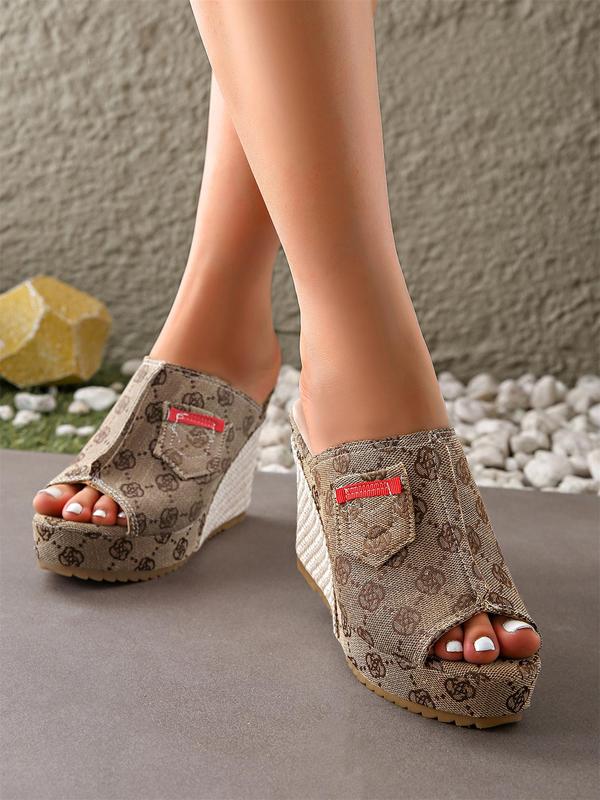 Women's Floral Pattern Slip on Peep Toe Wedge Sandals, Elegant Fashion Platform Sandals for Summer, Lightweight Breathable Comfortable Shoes for Daily Wear