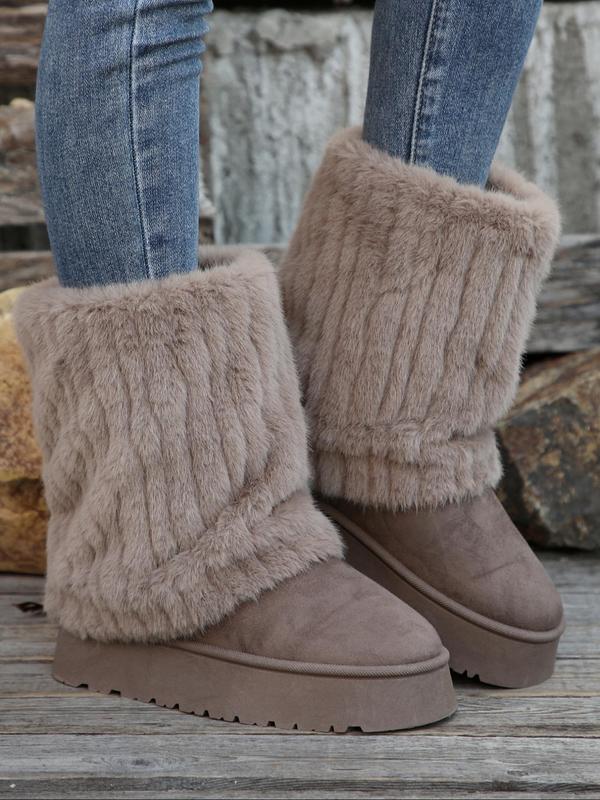 Women's Solid Color Fluffy Snow Boots, Fashionable Warm & Cozy Boots for Fall & Winter, Non-slip Thick Sole Boots for Women & Girls