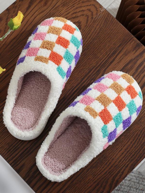 Women's Colorblock Checked Pattern Plush Slippers, Casual Soft Comfortable Home Slide Walking Shoes, Warm Slippers for Indoor & Outdoor Use for All Seasons, 2024 House Shoes