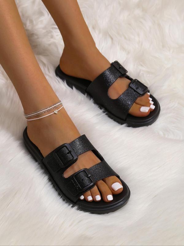 Summer 2024 Glittering Platform Buckle Design Slide Slippers As Gifts Back To School, Non-slip Adjustable Slide Walking Shoes for Indoor & Outdoor, Comfort Barefoot Shoes, Footwear