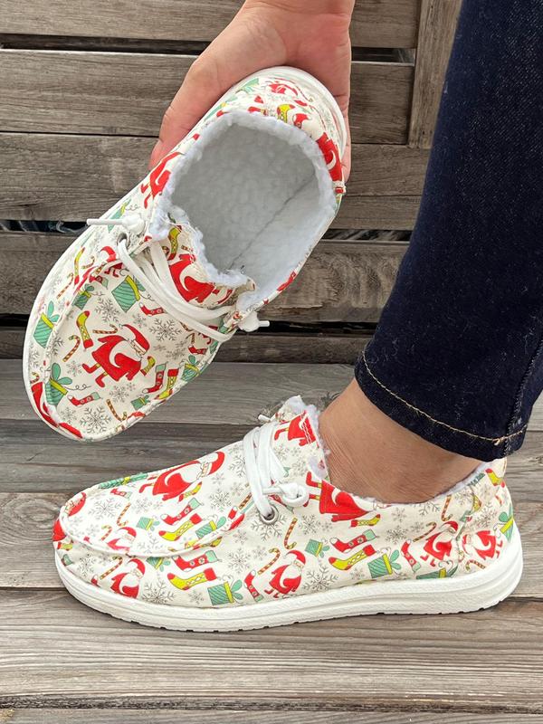 Women's Christmas Print Lace Up Front Plush Lining Sneakers, Casual Comfortable Breathable Sports Shoes, Female All-match Round Toe Shoes for Fall & Winter