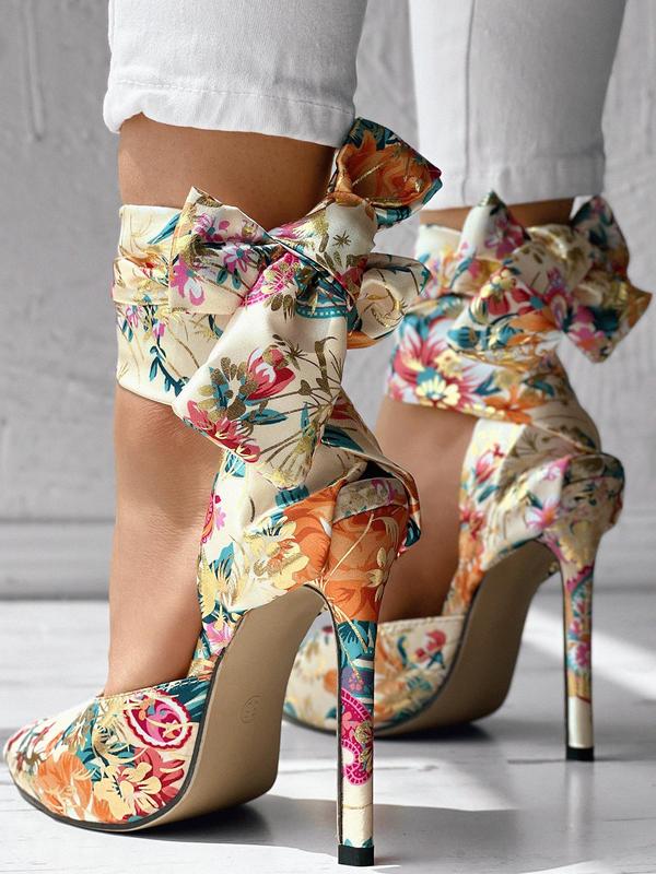 Women's Random Floral Print Stiletto Heels, 2024 Elegant Gorgeous Pointed Toe High Heels for Party, Banquet, Wedding, Fashionable Ankle Strap High Heel Shoes for Women