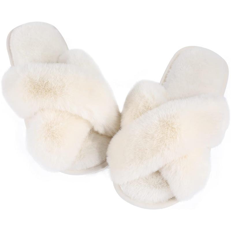 Women's Cross Band Slippers Fuzzy Soft House Slippers Plush Furry Warm Cozy Open Toe Fluffy Home Shoes Comfy Indoor Outdoor