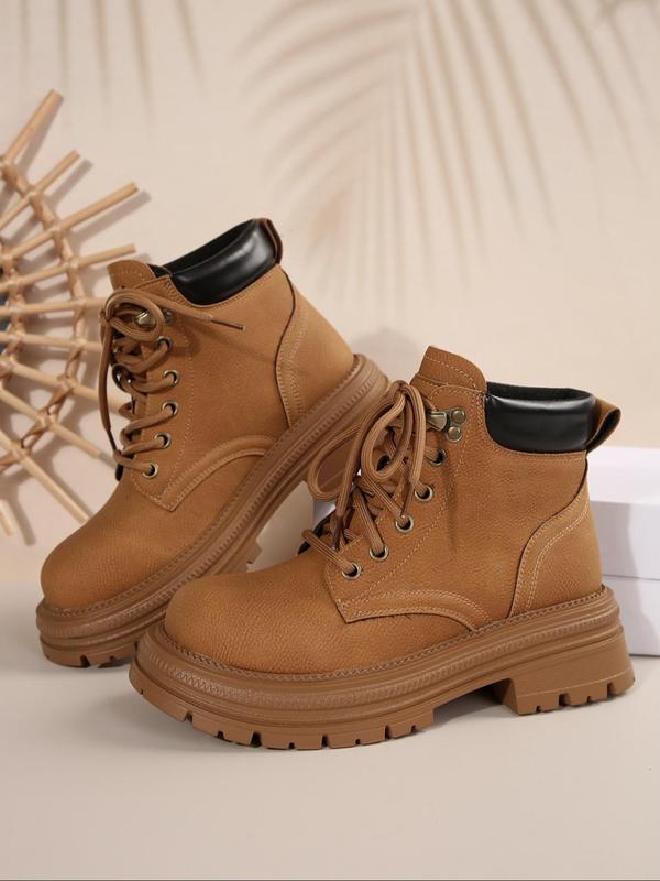 Women's Fashionable Solid Color Lace Up Ankle Boots, Casual Comfortable Round Toe Boots for Fall & Winter, Female All-match Trend Shoes for Daily Wear