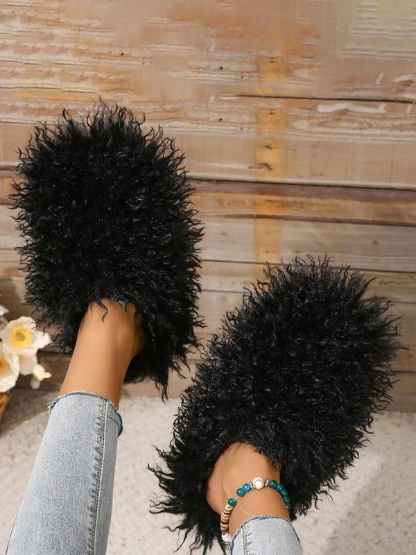 Women's Solid Color Fluffy Plush Slippers, Casual Soft Comfortable Home Slippers, Warm Slippers for Indoor & Outdoor Use for Fall & Winter