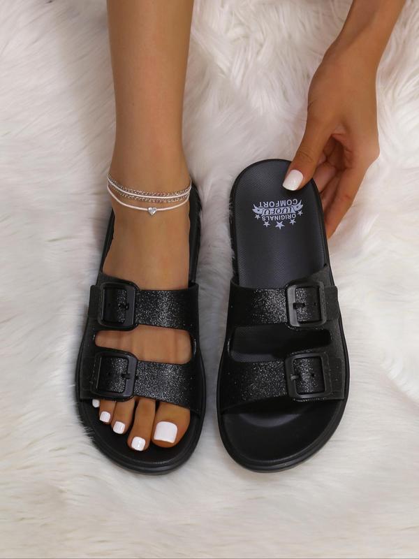 Summer 2024 Glittering Platform Buckle Design Slide Slippers As Gifts Back To School, Non-slip Adjustable Slide Walking Shoes for Indoor & Outdoor, Comfort Barefoot Shoes, Footwear