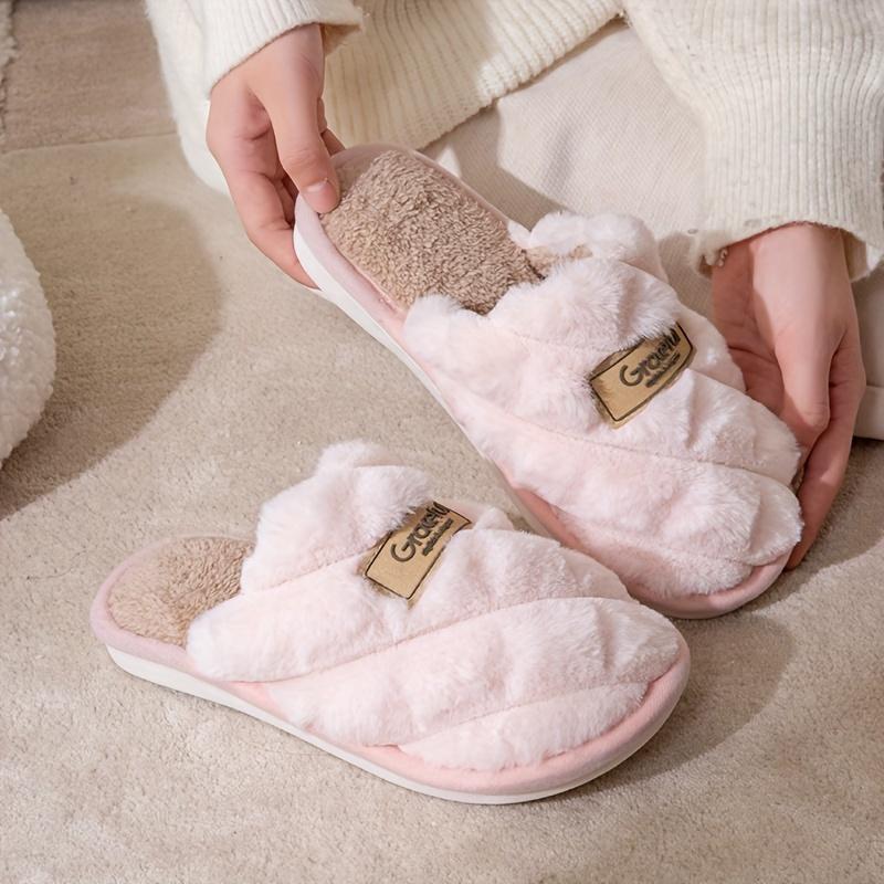 Warm Cozy Plaid Colorblock Slippers for Men & Women - Non-Slip Indoor Home Shoes with Soft Faux Rabbit Fur Lining