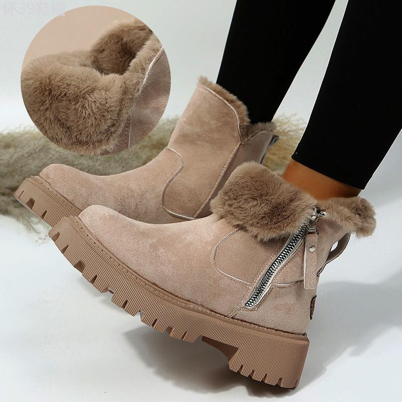 Cozy Plush Lined Short Boots for Women - Soft, Comfortable, and Warm Winter Ankle Boots with Fashion Side Zipper and Cushioned Insoles for Daily Wear Girl Walking Shoes Footwear Rubber Platform casual beige