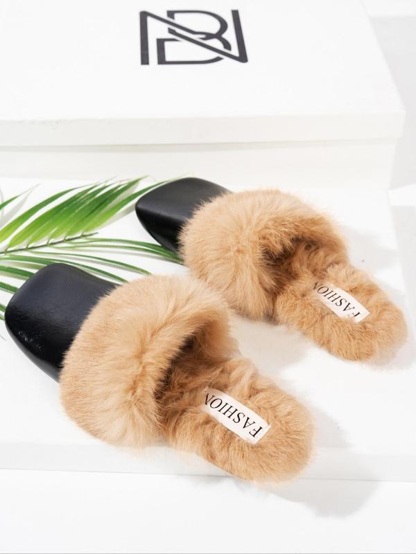 Women's Fashionable Contrast Faux Fur Design Slippers, Casual Soft Comfortable Home Slippers, Warm Slippers for Indoor & Outdoor Use for All Seasons