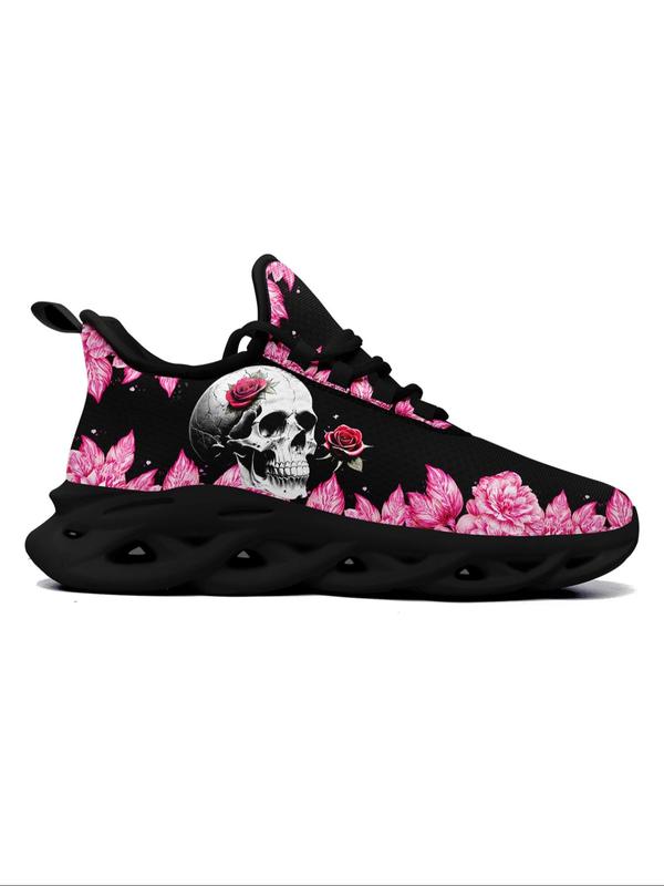 Floral Skull Print Lace Up Mesh Sneakers for Trainer, Casual Sporty Running Shoes for Women, Ventilate Hollow Out 2024 Fall Shoes Soles Athletic Walking Shoes for Women, Fall Outfits, Fall Freshness