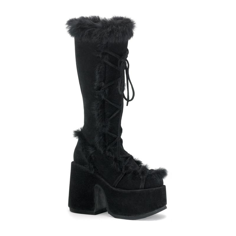 Demonia Camel-311 Black Vegan Suede Knee-high Boots