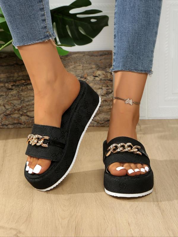 Women's Fashionable Platform Sandals, Casual Comfortable Chain Decorated Slip on Sandals for Summer, Female All-match Shoes for Beach Vacation