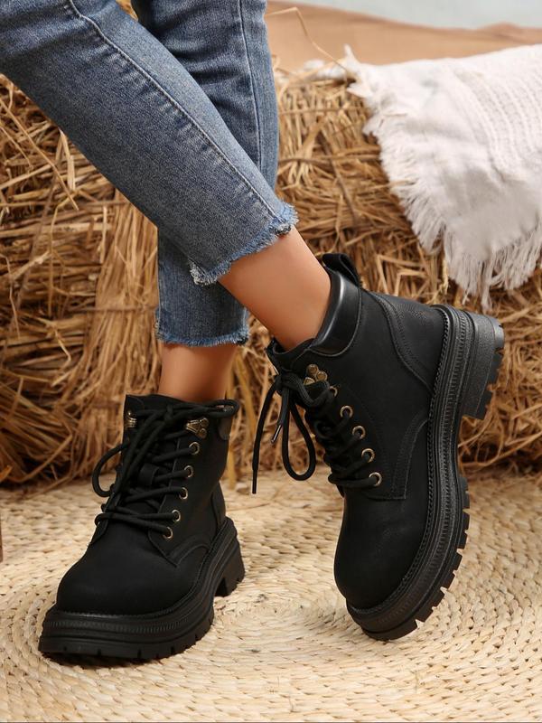 Women's Fashionable Solid Color Lace Up Ankle Boots, Casual Comfortable Round Toe Boots for Fall & Winter, Female All-match Trend Shoes for Daily Wear