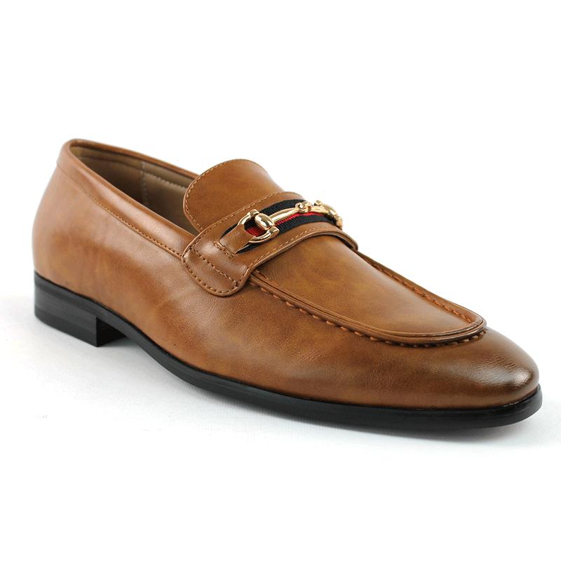 Slip On Cognac Brown Loafers With Gold Buckle Men's Dress Formal Shoes AZARMAN