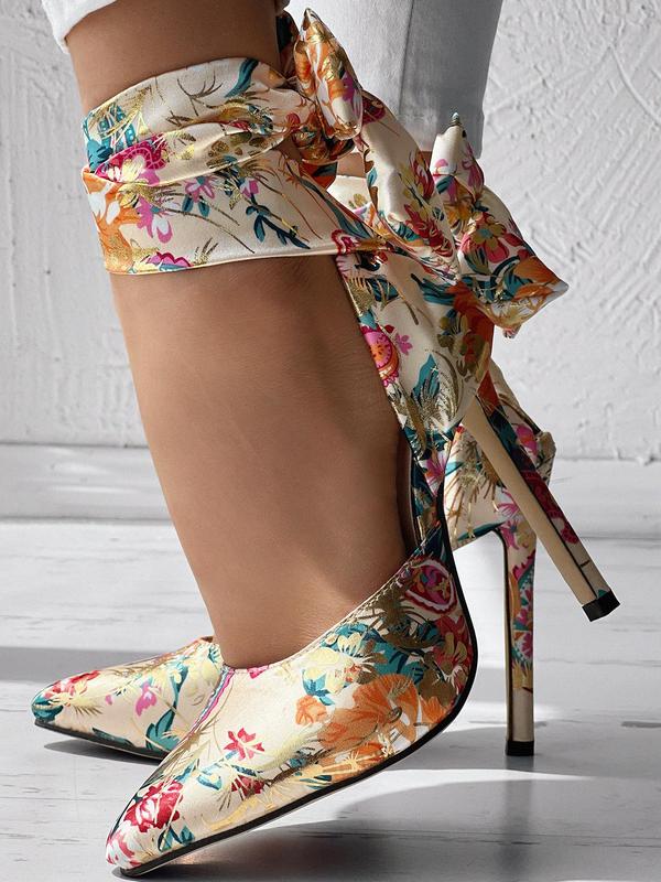 Women's Random Floral Print Stiletto Heels, 2024 Elegant Gorgeous Pointed Toe High Heels for Party, Banquet, Wedding, Fashionable Ankle Strap High Heel Shoes for Women