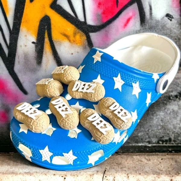 DEEZ NUTS funny clog charms 2 pack, Made in America,  universal fit for most size clog style shoes, unique patented design bold DEEZ lettering on a hard lightweight plastic peanut, simple push into clog style shoes. Footwear