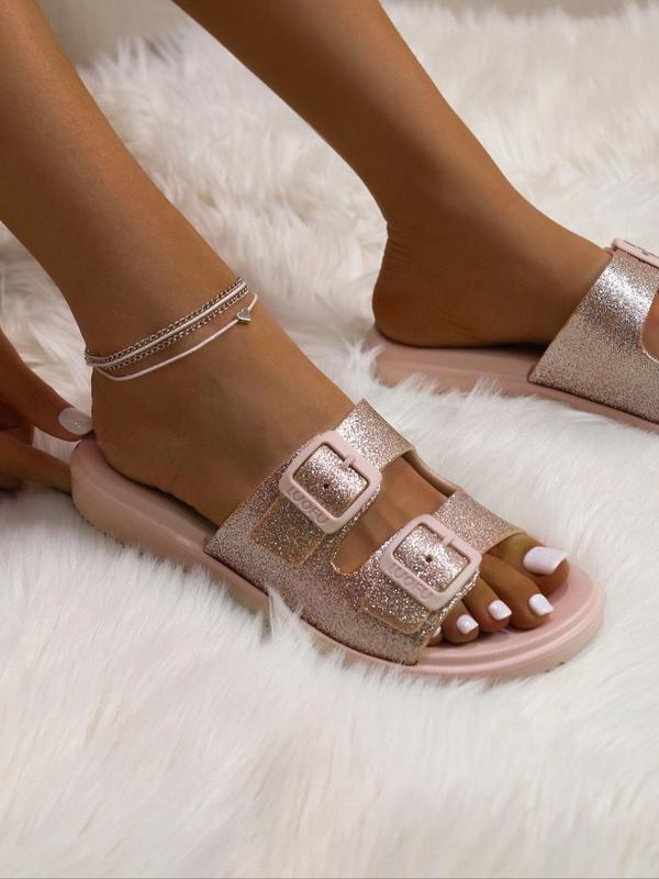 Summer 2024 Glittering Platform Buckle Design Slide Slippers As Gifts Back To School, Non-slip Adjustable Slide Walking Shoes for Indoor & Outdoor, Comfort Barefoot Shoes, Footwear