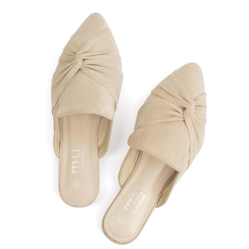 MUSSHOE Mules for Women Flats Comfortable Women Mules Backless Loafers with Knot mules beige  mule