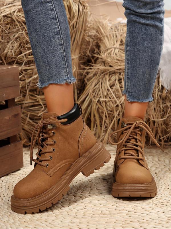 Women's Fashionable Solid Color Lace Up Ankle Boots, Casual Comfortable Round Toe Boots for Fall & Winter, Female All-match Trend Shoes for Daily Wear