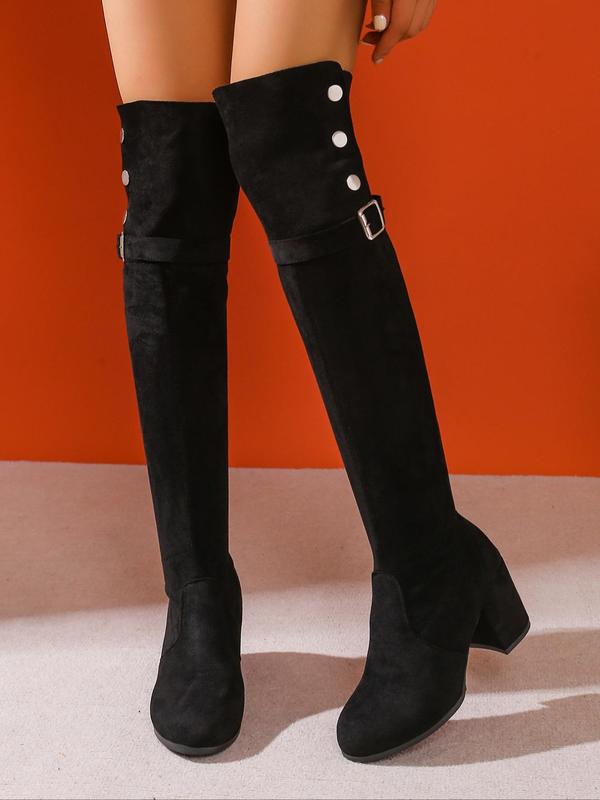 Women's Fashion Solid Color Buckle Design Over-the Knee Boots, Elegant Pointed Toe High Heel Boots for Daily Wear, Female All-match Trendy Shoes for Fall & Winter