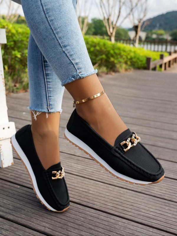 Women's Chain Detail Slip on Walking Shoes, Sporty Comfortable Non-slip Wear-resistant Loafers, Female All-match Round Toe Shoes for Daily Wear