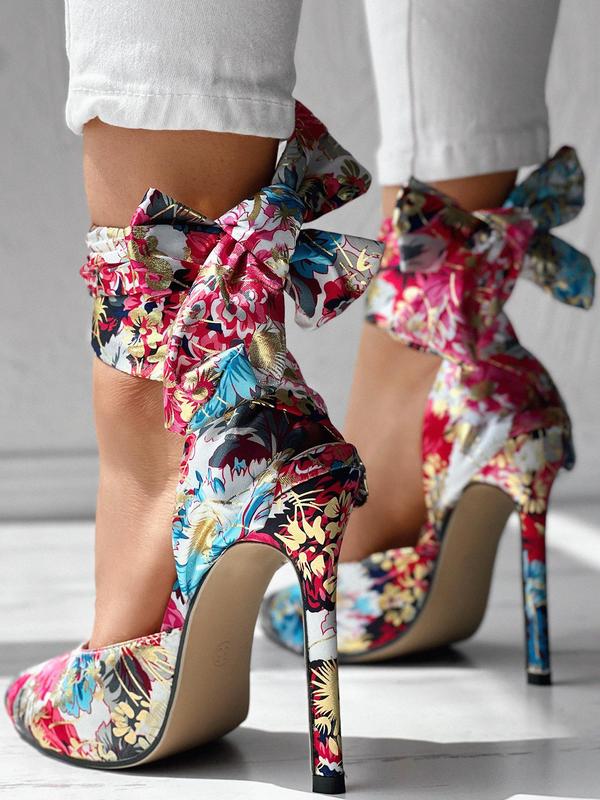 Women's Random Floral Print Stiletto Heels, 2024 Elegant Gorgeous Pointed Toe High Heels for Party, Banquet, Wedding, Fashionable Ankle Strap High Heel Shoes for Women