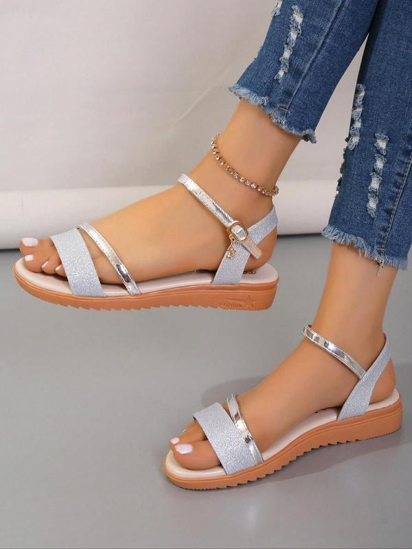 Women's Elegant Glittering Flat Sandals, Casual Minimalist Sandals for Summer Beach Vacation, Fashionable All-match Sandals for Daily Life