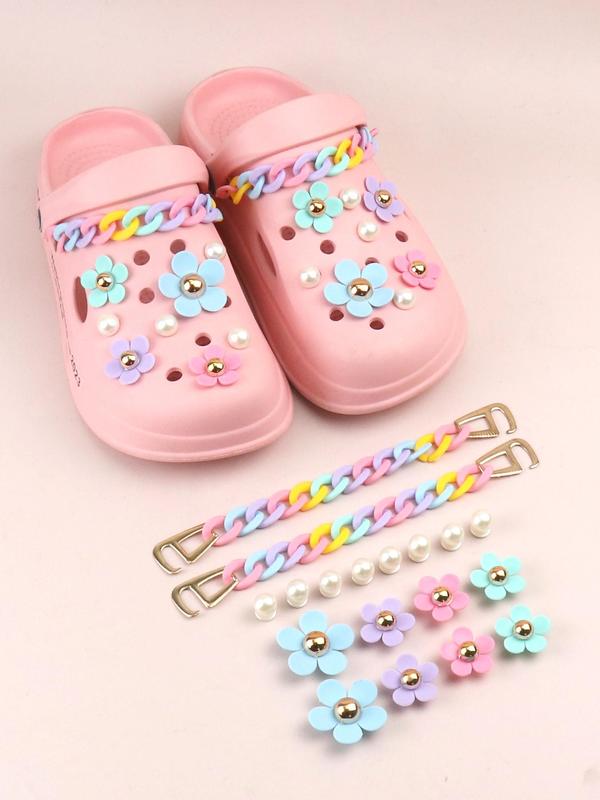 18pcs Novelty Multicolor Chain & Flowers & Faux Pearls Design Shoes Decorations, Fashionable Unique Shoes Accessories Gifts For Clogs Design