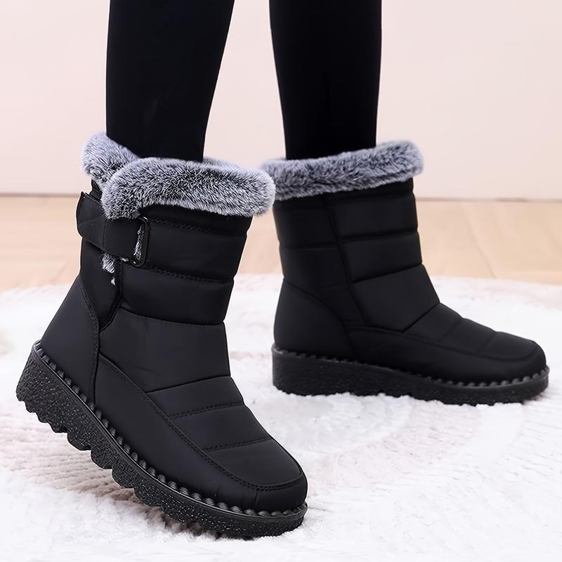 Women's Thermal Mid Calf Snow Boots - Faux Fur Lined, Round Toe, Hook & Loop Fastener, Adjustable Outer Sneakers for Warm Winter Wear