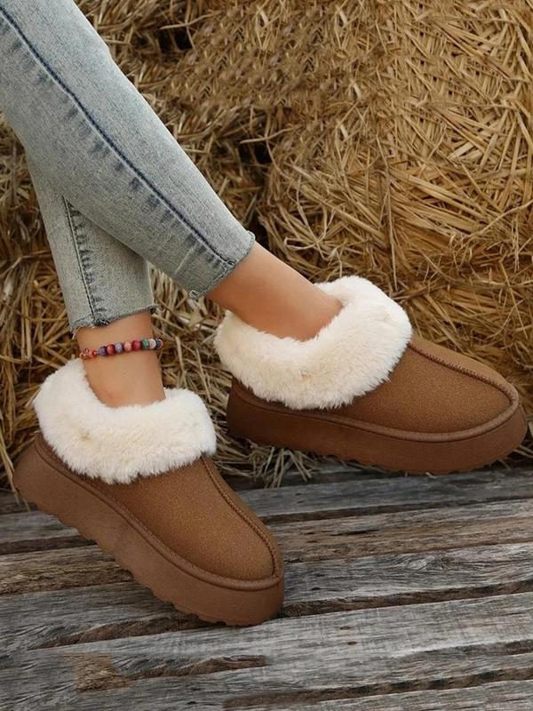 Women's Solid Color Contrast Faux Fur Slippers, Casual Soft Comfortable Home Slippers, Warm Slippers for Indoor & Outdoor Use for Fall & Winter