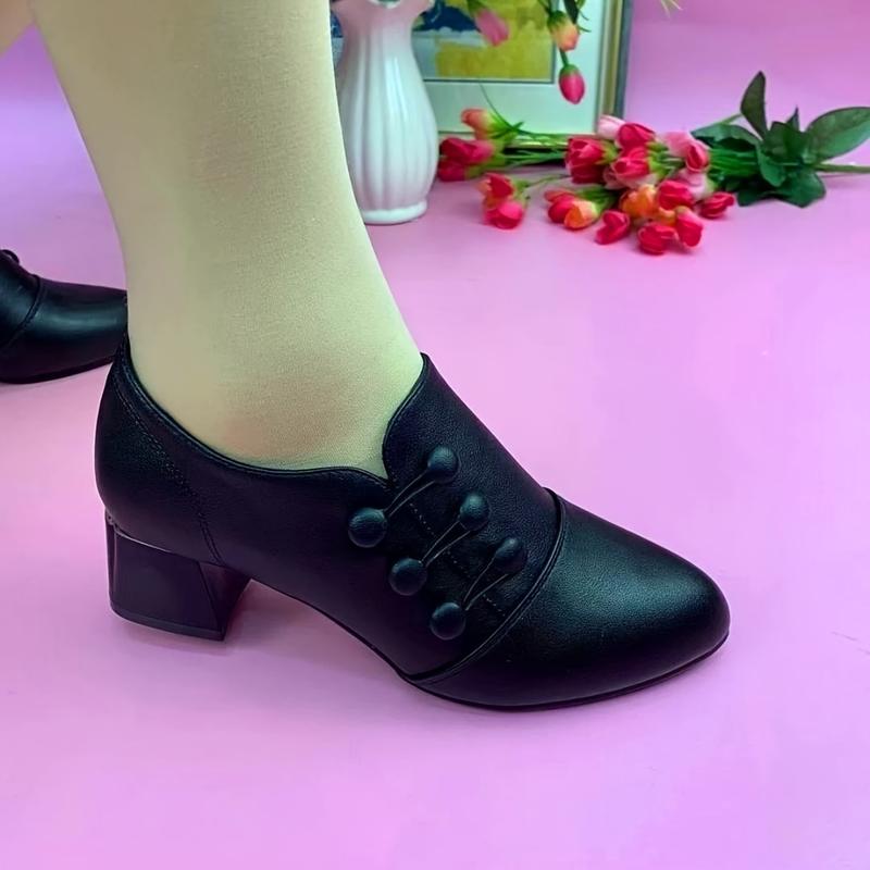 Women's Solid Color Chunky Heel Shoes, Casual Pointed Artificial Leather Shoes, Comfortable Slip-on High Heels Footwear Walking Shoes