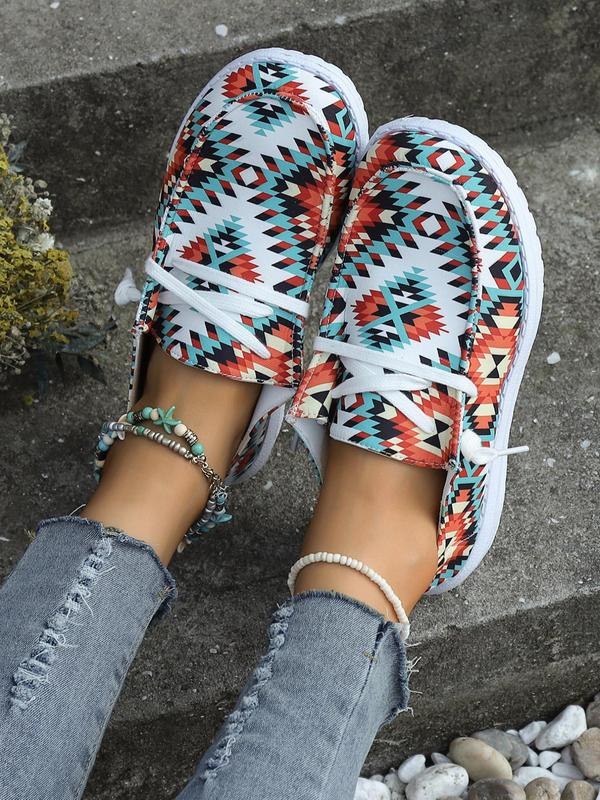 Women's Casual Graphic Print Loafers, Geometric Print Round Toe Sneakers, Canvas Non-slip Sneakers for Women & Girls, Slip-on Shoes for Work for Daily Wear