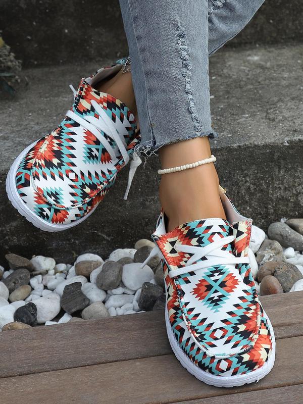 Women's Casual Graphic Print Loafers, Geometric Print Round Toe Sneakers, Canvas Non-slip Sneakers for Women & Girls, Slip-on Shoes for Work for Daily Wear