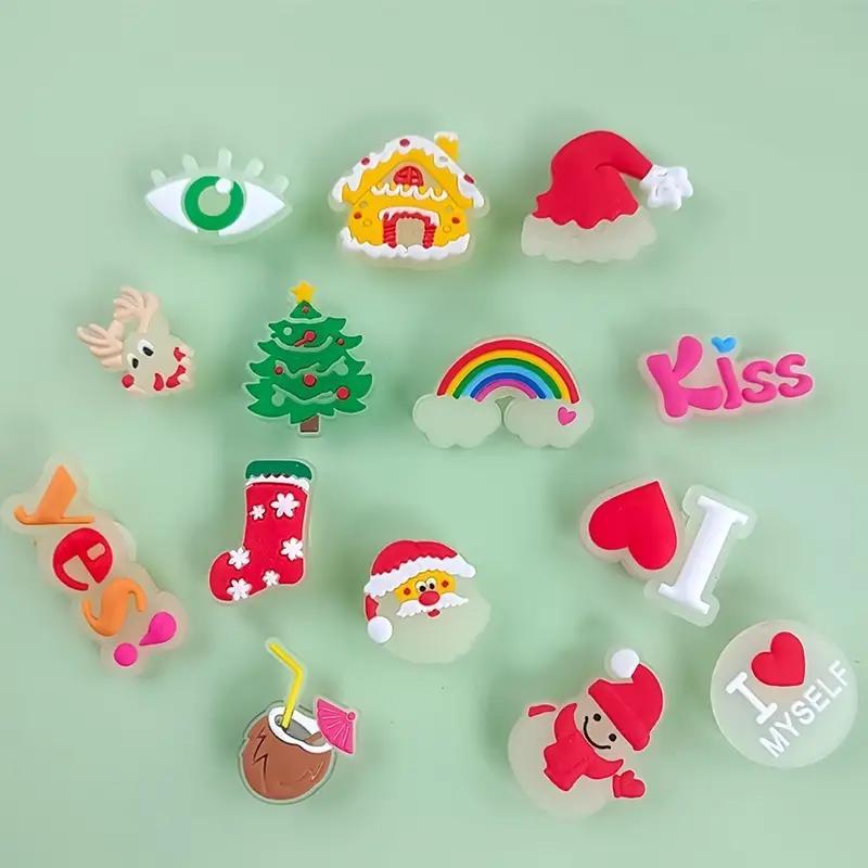 Mixed Style Luminous Christmas Themed Shoe Charms, 12pcs set Cute Cartoon Shoe Decoration, Glow in The Dark Shoe Accessories for Clogs Bubble Slides