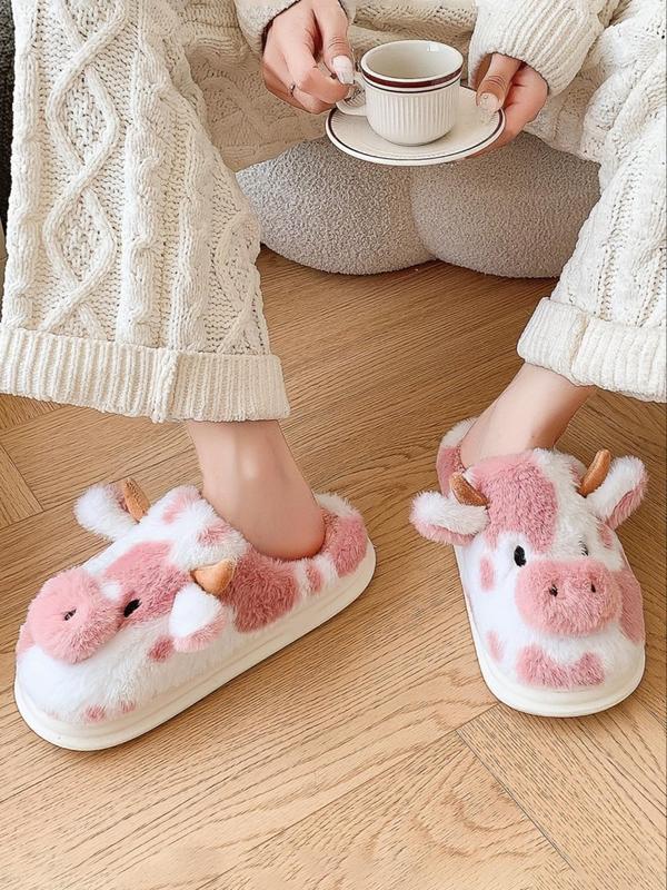 Women's Cute Cow Design Plush Slippers, Warm Bedroom Fuzzy Slippers, Silent Anti-slip Shoes Slippers for Indoor, Outdoor