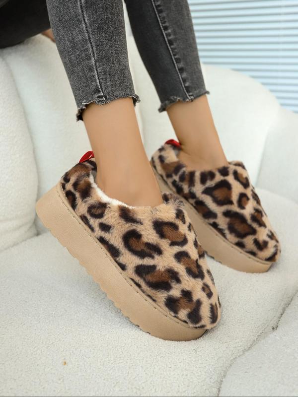 Women's Fashion Leopard Print Plush Slip on Snow Boots, Casual Comfortable Home Slippers, Warm Soft Fluffy Shoes for Indoor & Outdoor Wear