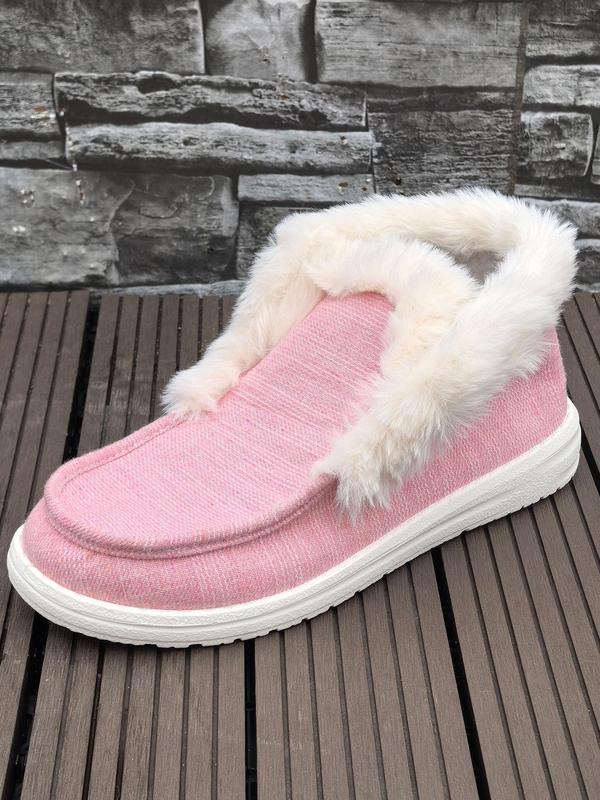 Women's Solid Color Plush Lining Slip on Boots, Casual Soft Comfortable Non-slip Flat Shoes for Fall & Winter, Female All-match Round Toe Shoes for Daily Wear