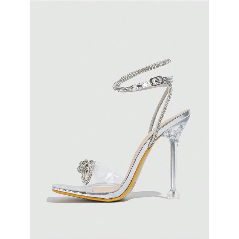 Women's Silver High Heel Sandals With Open Toe, Rhinestone Buckle Strap, Bow Knot, And Transparent Heel, Breathable And For Summer