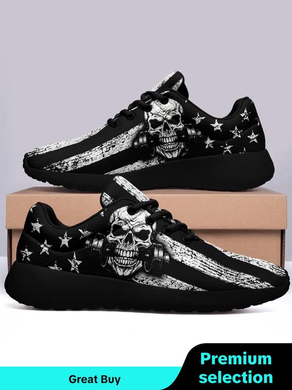 Men's Fashionable Flag & Skull Print Lace Up Low Top Sneakers, Casual Comfortable Breathable Sports Running Shoes, Male All-match Round Toe Casual Shoes for Men, Mens Sneakers