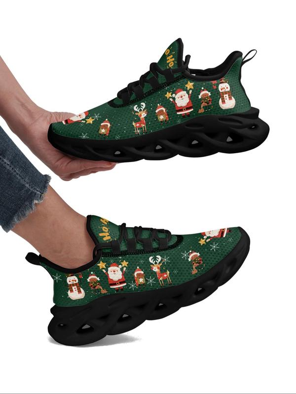 Women's Christmas Theme Santa Claus & Elk Pattern Sneakers, Comfortable Breathable Blade Sole Sports Running Shoes, Female All-match Round Toe Shoes for Daily Wear