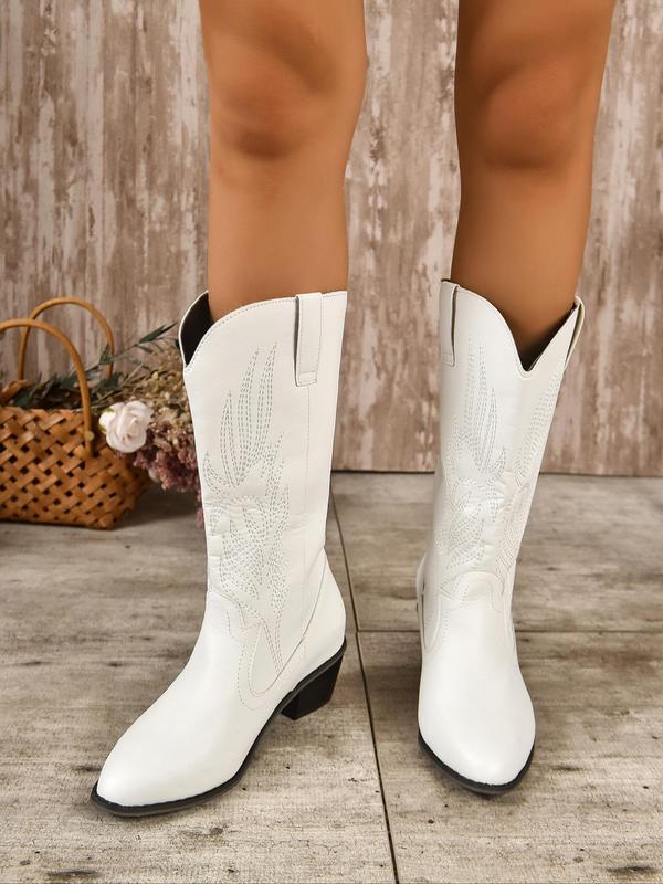 Women's Embroidery Design Western Boots, Classic Trendy Pointed Toe Mid-calf Boots, Fashionable Chunky Heeled Boots for Fall Outfits, Fall Freshness,  Winter Shoes