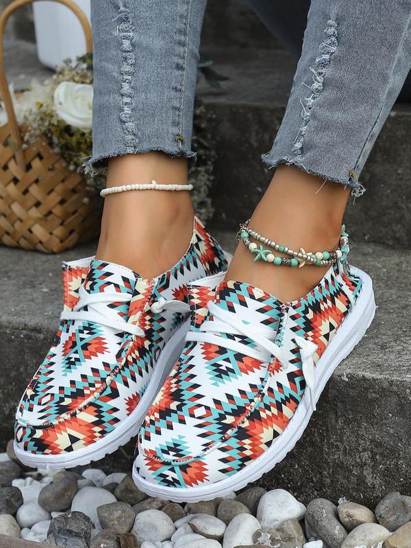 Women's Casual Graphic Print Loafers, Geometric Print Round Toe Sneakers, Canvas Non-slip Sneakers for Women & Girls, Slip-on Shoes for Work for Daily Wear